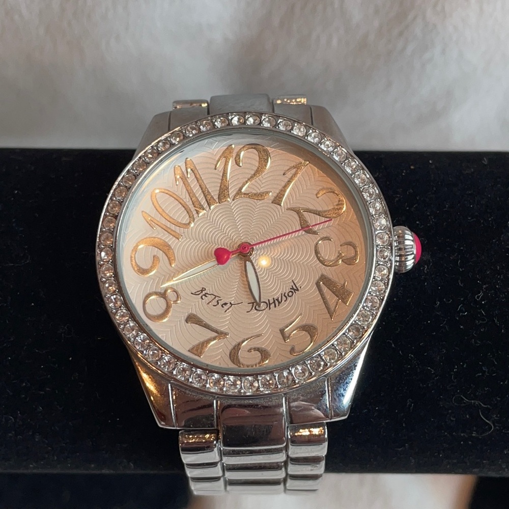 Betsey Johnson large face silver watch with crystals and pink accents